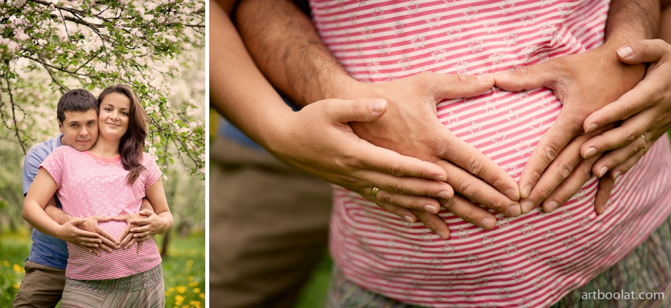 красивая фотосессия беременной будущей мамы на природе в цветущем яблоневом саду с будущим папой семейная фотосессия в парке